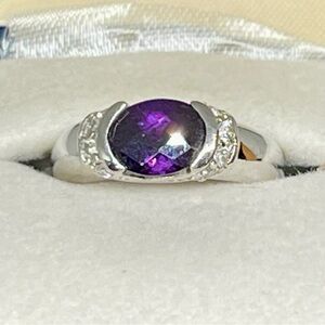 925 Real Amethyst Diamond Sterling Faceted Ring Sz 8